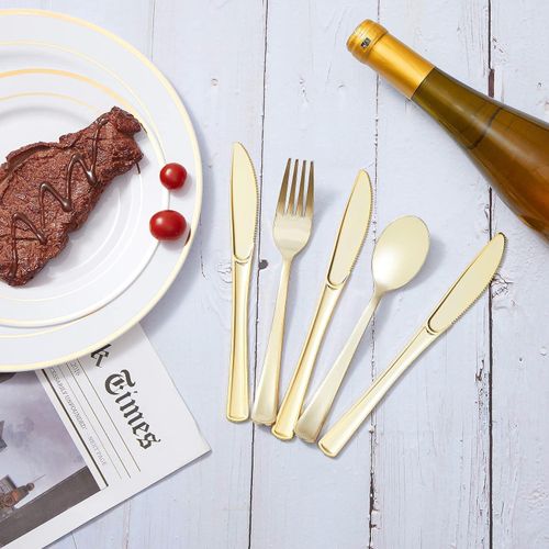 Flushrenic disposable cutlery,60 piece set of gold plastic silverware disposable tableware -20 forks, knives, spoons - disposable tableware heavy-duty plastic tableware set, suitable for catering, parties, dinners, weddings