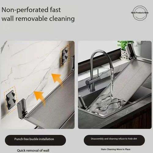 1pcs Punch-free wall-mounted folding kitchen rack, removable and washable (39cm thick + 5 hooks)