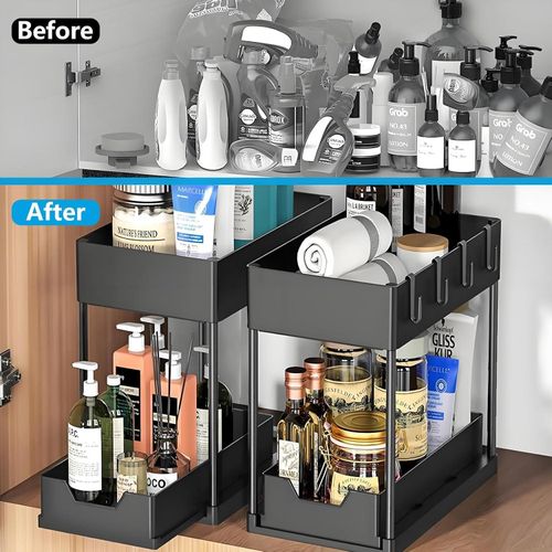 Under Sink Organizers and Storage, 2-Tier Sliding Cabinet Basket Organizer with Hooks, Multi-Purpose Under Sink Organizers and Storage for Bathroom Kitchen