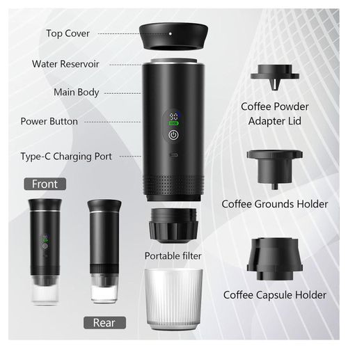 TodyJeyHo Machine Portable Expresso 3-en-1, Mini cafetière pour voyage, cafetière auto auto-chauffante avec USB-C, petite Machine Expresso