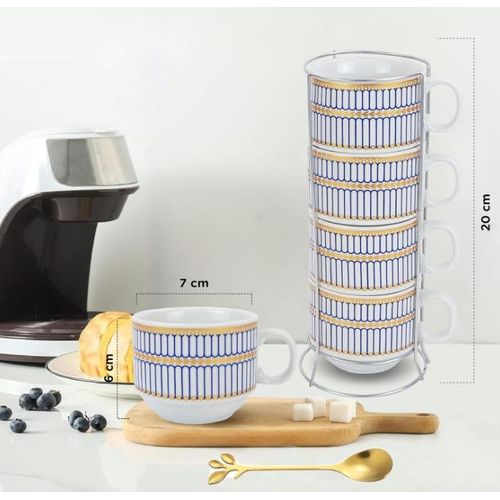 Set Of 4 Ceramic Tea Cups With Stand,Printed Coffee Mugs With Holder+Elegant Gold Leaf Coffee Spoons,Tableware Dessert Spoons,Espresso &amp; Dessert Tea Spoons  - 150 ML