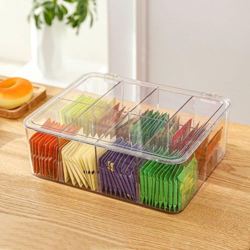 Tea Storage Boxes,Stackable Tea Bag Organizer with 8 Compartment,Clear Tea Bag Holder,Divided Storage Bin Box Container,for Tea Coffee Spices Kitchen Cupboards and Work Surfaces