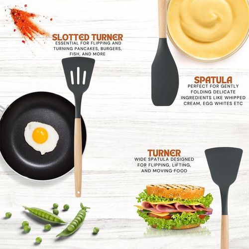 12 PCS Kitchen Cooking Utensils Set, Non Stick Silicone Utensil Set 446°F Heat Resistant, Wooden Handle Silicone Cookware Set