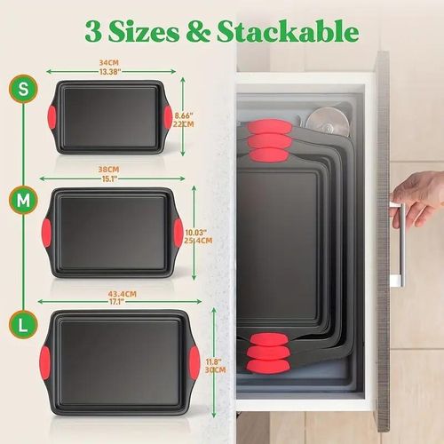 3-Piece Carbon Stainless Steel Non-Stick Oven Baking Pan with Red Silicone Handles