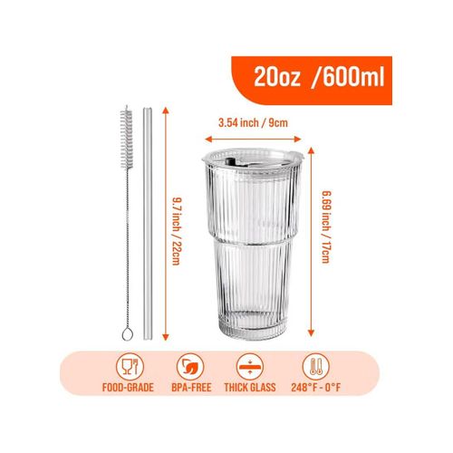 Flushrenic 20oz Coffee Cup,Ribbed Glass Tumblers with Lids &amp; Straws, for Ideal for Iced Coffee, Cappuccino And Tea - Includes Cleaning Brush