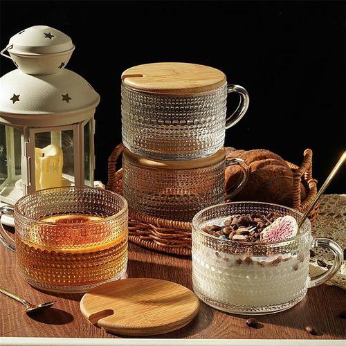 4pcs Clear Embossed Glass Coffee Cup with Lid and Spoon