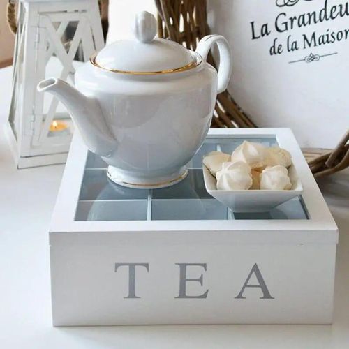 Wooden Tea Organizer with 9 Compartments, Tea Bag Holder with Clear Acrylic Top Window, Multi Functional Tea Box, Tea Storage Organizer