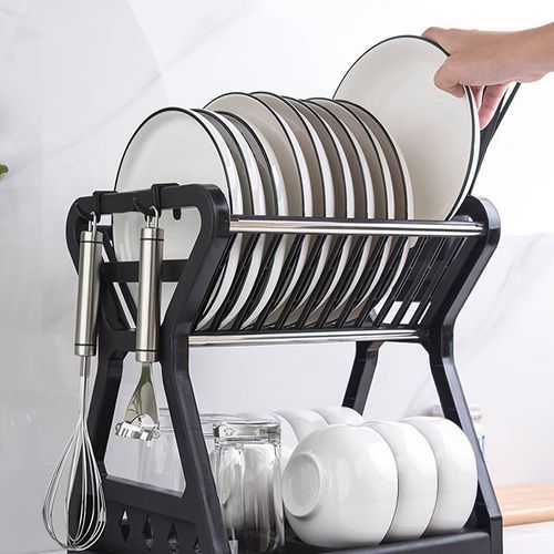 Double Kitchen Dishwasher,Plates Storage Shelf,Drainer-Black