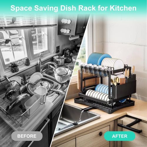 addigoes 2-Tier Iron Dish Drying Rack with Drip Tray &amp; Utensil Basket - Heavy Duty Kitchen Counter Organizer, Space-Saving (Black)