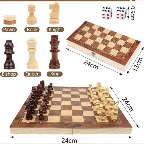DONFANLIA Chess Game, 3-in-1 Wooden Chess Game, Foldable Travel Chess Game for Children, Portable Chess Games Chess Set for Family Party Travel - 24 x 24 cm