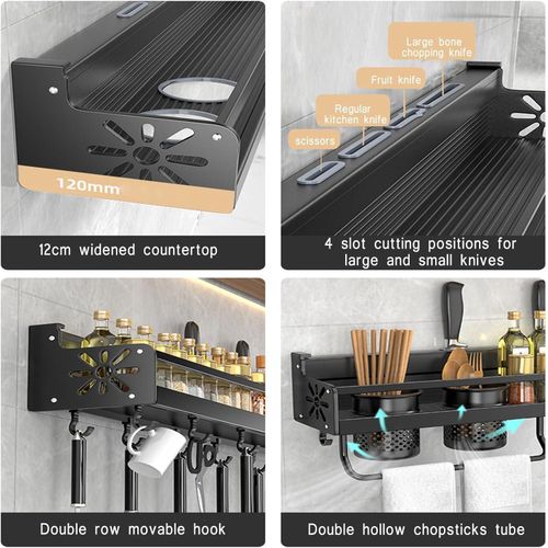 60cm wall-mounted spice rack, no drilling required, with 10 hooks for hanging on the wall, suitable for storing 2 cups of spices - Black