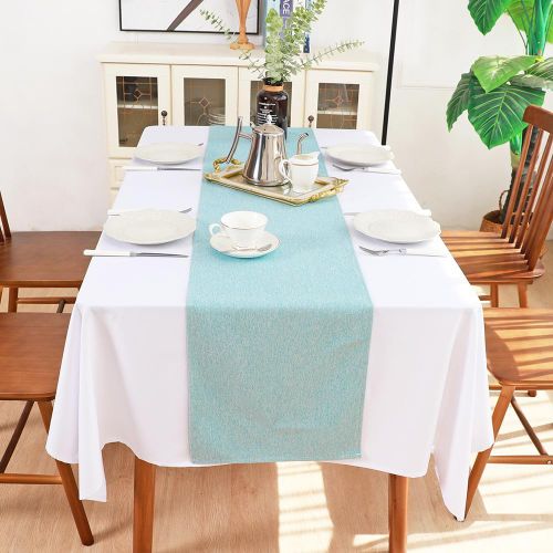 Solid Tablecloth and Table Runner Set, Washable Kitchen Dining Table Decoration for Home Party Decor, Light Blue