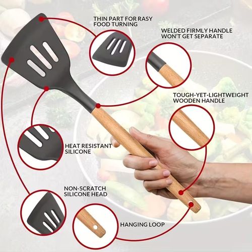 12Pcs Silicone Cooking Utensils Set – Non-Stick, Heat Resistant, Wooden Handle -Khaki