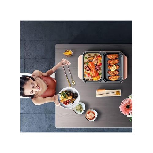 Flushrenic Hot Pot with Grill  2 in 1 Indoor Non-Stick Electric Hot Pot and Frying Pan (Pink)