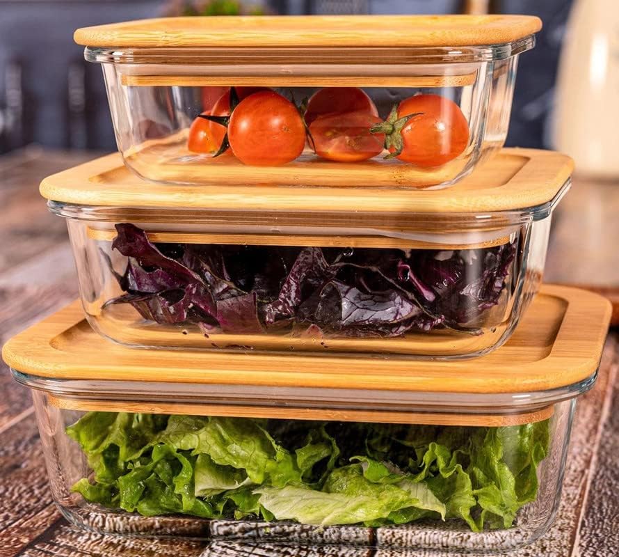 Borosilicate Glass Food Storage Containers with Wooden Lid, 3 pcs Set, Borosilicate Glass, Rectangle Shape, Transparent, Microwave Safe, 370ml, 640ml,1050ml