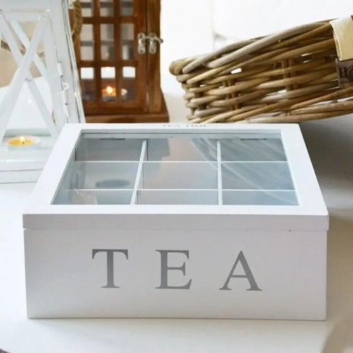 Wooden Tea Organizer with 9 Compartments, Tea Bag Holder with Clear Acrylic Top Window, Multi Functional Tea Box, Tea Storage Organizer