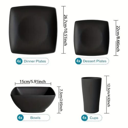 16pcs Square tableware set including plates, dinner plates, bowls and cups
