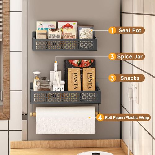 2pcs refrigerator magnetic spice rack, wall-mounted storage rack, with paper towel holder