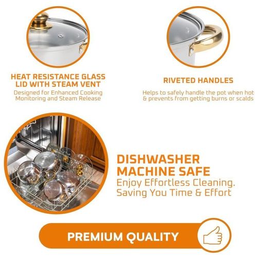 12Pcs Heavy Non-Stick Cooking Pot Set/Cookware Set With Frying Pan  - With Glass Lid - Gold