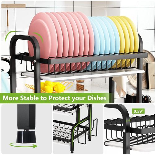 CYFAZA Dish Drying Rack, Metal 3-Tier Large Capacity Dish Rack with Utensil Holder, Cutting Board Holder, Draining Board Tray for Kitchen Counter Storage (Black)