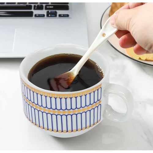Set Of 4 Ceramic Tea Cups With Stand,Printed Coffee Mugs With Holder+Elegant Gold Leaf Coffee Spoons,Tableware Dessert Spoons,Espresso &amp; Dessert Tea Spoons  - 150 ML