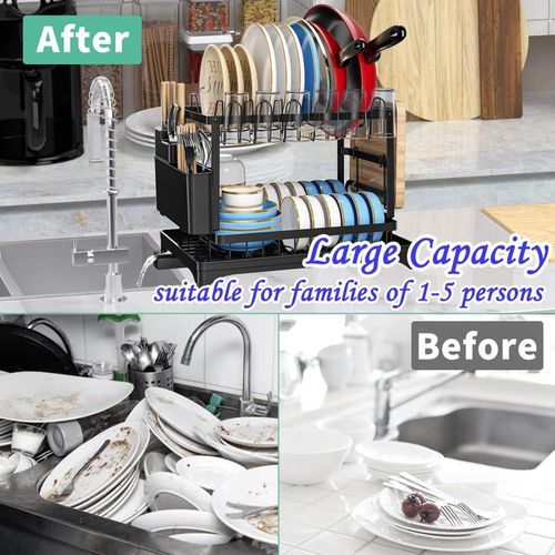 Kitchen countertop utensil drying rack, double-layer stainless steel drain with drainage board and utensil rack, used for large capacity storage of bowls/cups/bottles