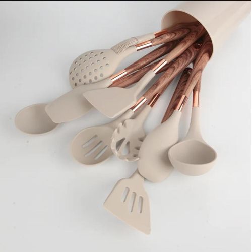 11 Piece Silicone Wood Grain Handle Non-stick Cooking Utensils Set With Storage Bucket