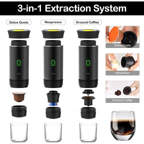TodyJeyHo Machine Portable Expresso 3-en-1, Mini cafetière pour voyage, cafetière auto auto-chauffante avec USB-C, petite Machine Expresso