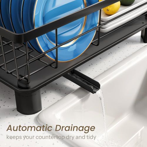 addigoes Iron Dish Rack with Extendable Drainboard &amp; Knife Holder - Space Saving Counter Drying Rack with Utensil Holder and Knife Slots (Black)