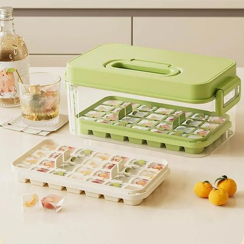 Ice Cube Trays with Lids, Scoop &amp; Ice Bucket 28/84 Pcs Portable Silicone Ice Cube Mold with Easy Pop Out Reusable Freezer Ice Box for Fridge (Green, 3 Layer(84 pcs))