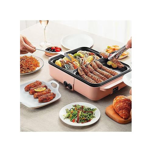 Flushrenic Hot Pot with Grill  2 in 1 Indoor Non-Stick Electric Hot Pot and Frying Pan (Pink)