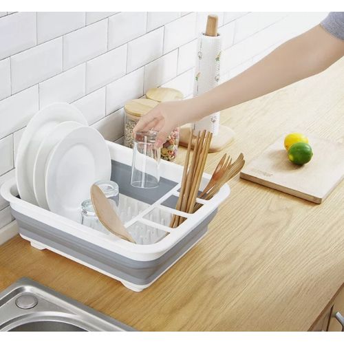 Large White Foldable Dish Drainer Plate Cutlery Basket，Collapsible Dish Drainer