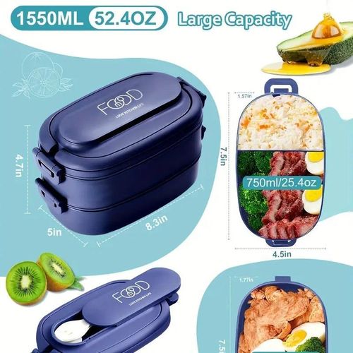 Sturdy Stackable Bento Lunch Box with Individual Compartments - Microwave Safe, Leak-Proof, Durable Polypropylene Container for Work and Outdoor Use - Navy
