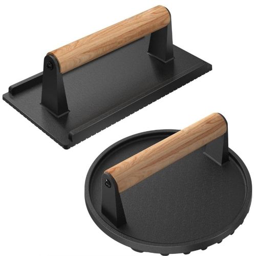 Cast Iron Hamburger Meat Press &amp; Cast Iron Bacon Press Wooden Handle Grill