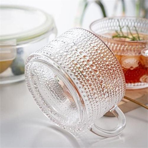 4pcs Clear Embossed Glass Coffee Cup with Lid and Spoon