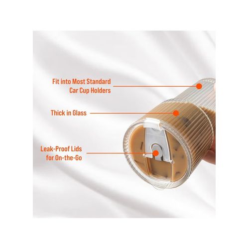 Flushrenic 20oz Coffee Cup,Ribbed Glass Tumblers with Lids &amp; Straws, for Ideal for Iced Coffee, Cappuccino And Tea - Includes Cleaning Brush