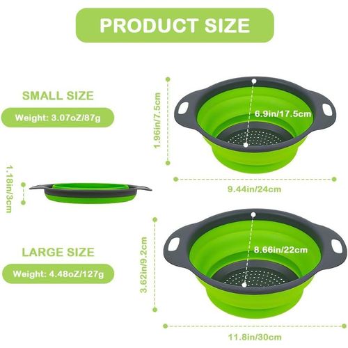 2 Pack Collapsible Colander Set, Round Silicone Folding Collapsible Strainers with Plastic Handles, Eco-Friendly Food Strainer for Kitchen Draining Pasta Vegetables Fruits-1 Large and 1 Small