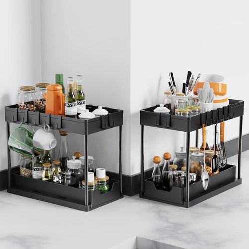 Under Sink Organizers and Storage, 2-Tier Sliding Cabinet Basket Organizer with Hooks, Multi-Purpose Under Sink Organizers and Storage for Bathroom Kitchen