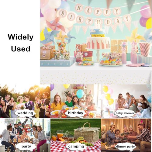 White and Gold Dot Tablecloth, White Plastic Table Cloths for Parties Disposable, 54x108in Waterproof Rectangular Camping Tablecloth for Birthday Party Picnic Baby Shower