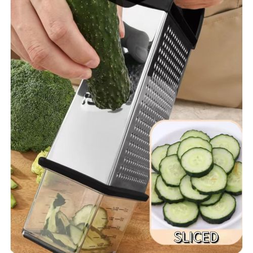 4-Sided Cheese Grater with Container – 100% BPA-Free Stainless Steel Box Grater, Parmesan Shredder, Vegetable Slicer, Slip-Resistant Handle, Dishwasher Safe Zester – Black