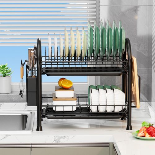 Double-Tier Dish Drainer, Kitchen Dish Storage Rack with Drain Tray - Black