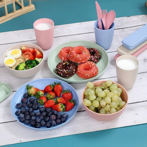 Nordic 4-color 28-piece set wheat straw plate bowl cup k-n-ife fork spoon chopsticks outdoor bowl and dish tableware set
