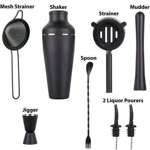 8pcs Cocktail Set Stainless Steel Shaker Set - Black