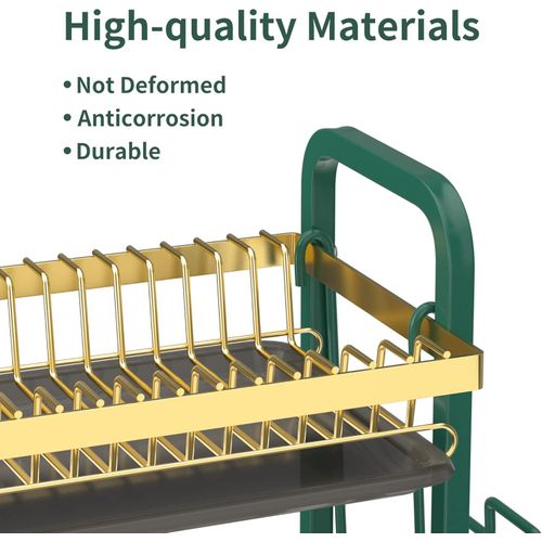 2 Tier Dish Drainer, Dish Drainer with Drain Board, Kitchen Cutlery Storage Rack - Green