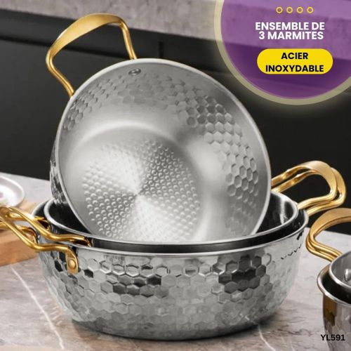 Hammered Stainless Steel 3-Piece Stockpot Set with Lid - Silver