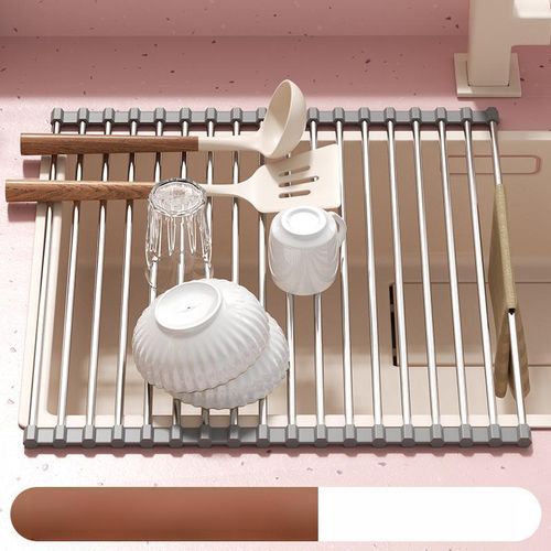 Foldable Kitchen Sink Drainage Storage Rack, Stainless Steel Storage Roll-Up Mat, Silicone Dish Rack for Sink (for Dishes and Chopsticks)