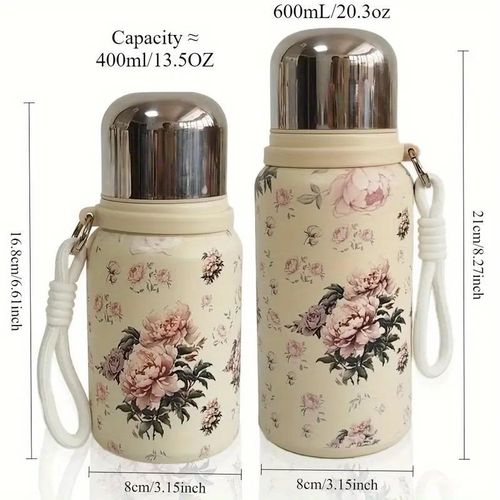 600ML Peony Flower Water Bottle, Leak-proof and Drop-proof Thermos Cup with Carrying Rope, Made of BPA-Free 316 Stainless Steel, Can Keep Drinks Hot or Cold for a Long Time