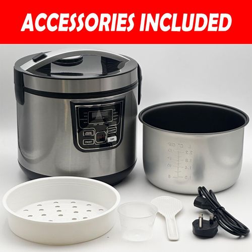 Multifunctional rice cooker, 11 preset cooking options, 5 liters water capacity, up to 12 cups of rice, with non stick inner pot, 24-hour delay timer and automatic keep warm function, with BS plug