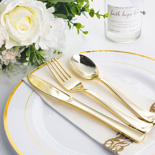 Flushrenic disposable cutlery,60 piece set of gold plastic silverware disposable tableware -20 forks, knives, spoons - disposable tableware heavy-duty plastic tableware set, suitable for catering, parties, dinners, weddings