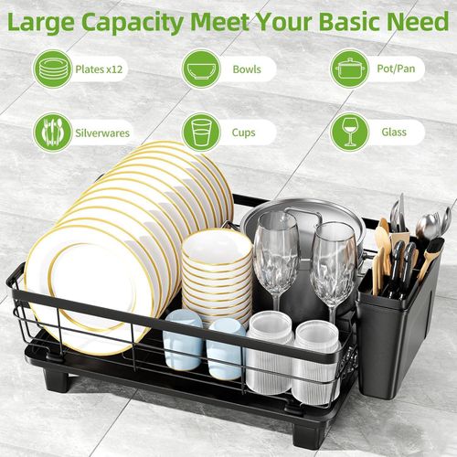 Flushrenic Dishwashing rack,Kitchen countertop cutlery drying rack,Dish Drying Rack for Kitchen Counter,Adjustable Drain Spout,Utensil Separation Design,Spout Removable Utensil and Cup Holder,Kitchen storage